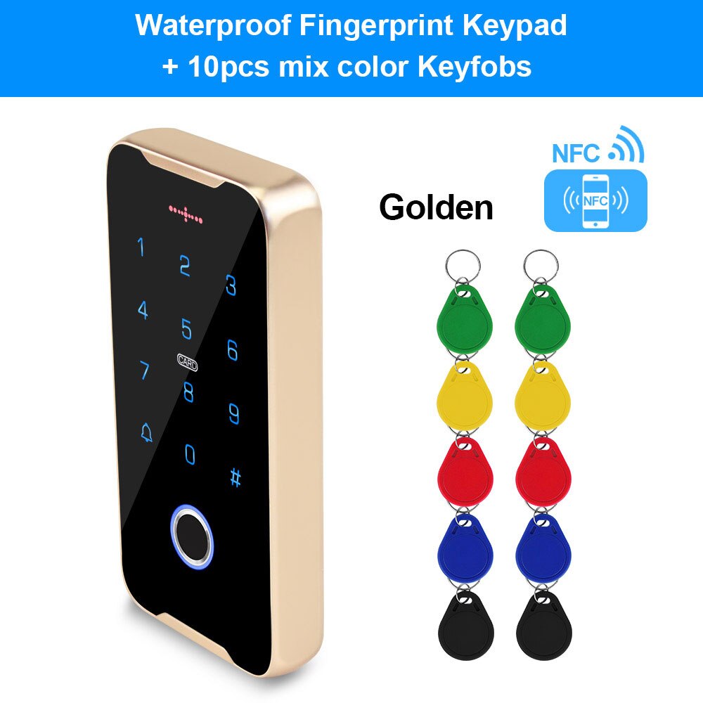 Mobile Phone NFC Access Control Keypad RFID Keyboard Access Controller System Fingerprint IP68 Waterproof 13.56MHz Card Reader: Golden with Mix Keys