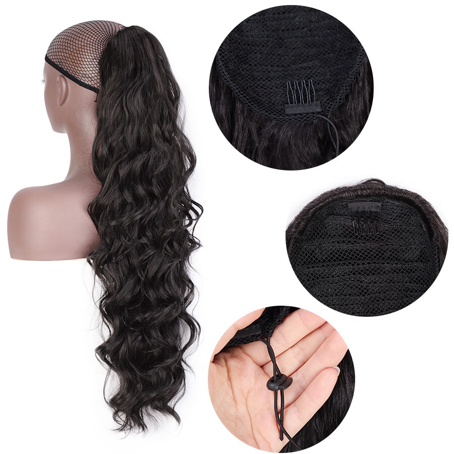 AISI BEAUTY Synthetic Wrap Around Ponytail Long Body Wave Ponytail Extension Black Hairpiece for Balck White Women