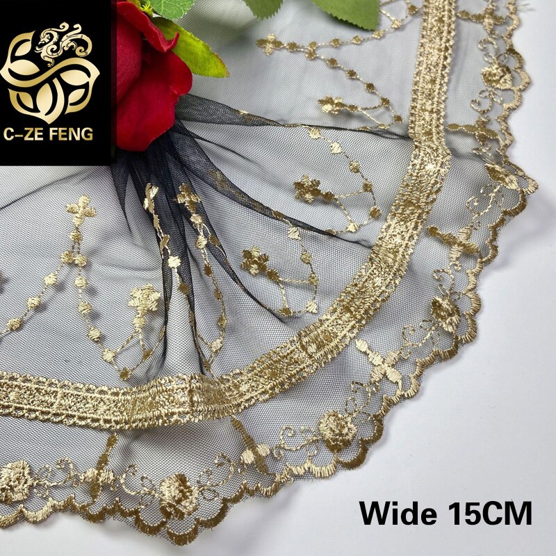Tela de encaje de malla negra , 15CM de ancho, bordado de hilo dorado, cinta embellecedora para vestido, guipur, bufanda, ropa, costura de manualidades de decoración