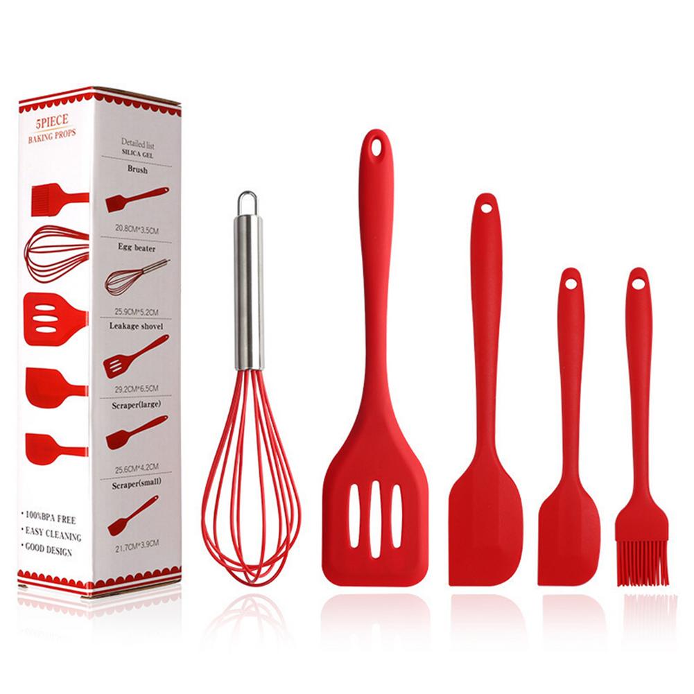 Kitchen Cookware Silicone Kitchenware Non-stick Cookware Cooking Tool Spatula Egg Beaters Whisk Leaking Shovel Utensils Set: Red