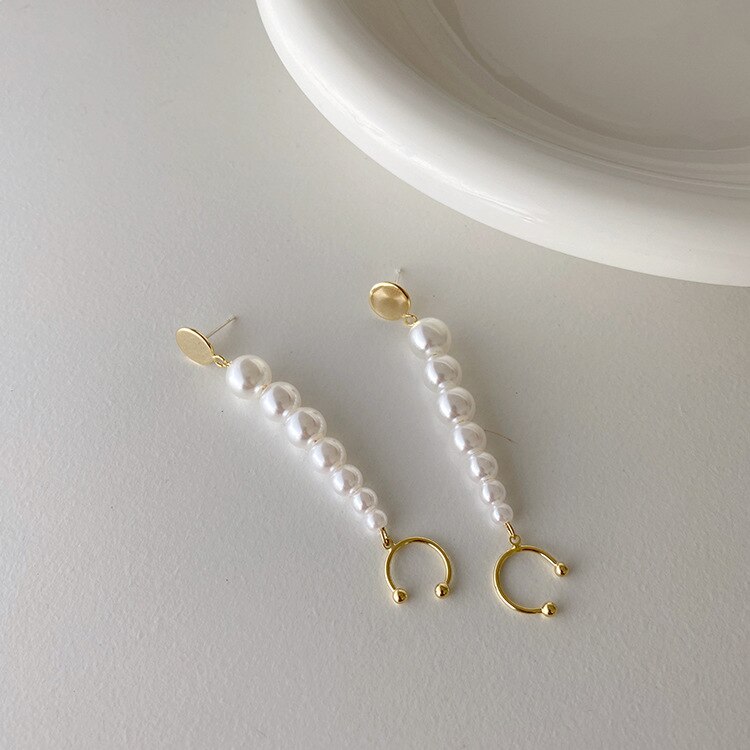 Coreano ouro longo corrente borla pérola earclip com piercing brincos para mulher orelha perfurada pérolas earcuff jóias
