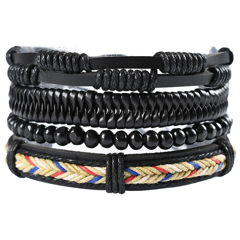 KaiMin 4pcs/ set Adjustable Leather Bracelets for Men Braided PU Black Brown Bangle Life Tree Leaf Rudder Charm Bracelet: JW8034-1