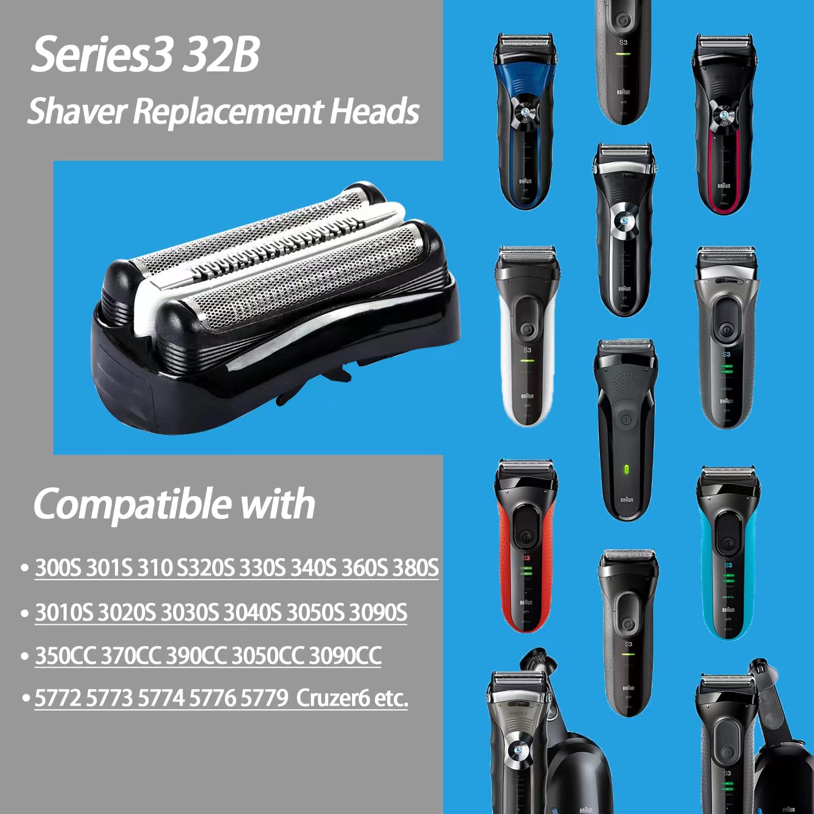 Braun-Cabezal de afeitadora 32B para hombre, cortador de papel de aluminio, Cassette negro, cuchilla de repuesto para Afeitadora eléctrica 3000s 3010s 3040s 3050cc 3070cc