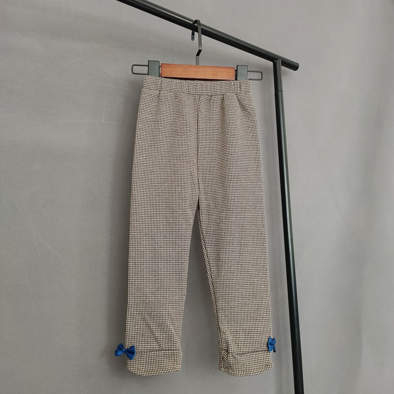 Sweet Baby Girls Houndstooth Pants Spring Autumn Kids Girls High Waist Bow Leggings Children Cotton Elastic Waist Trousers: Khaki / 3T(100)