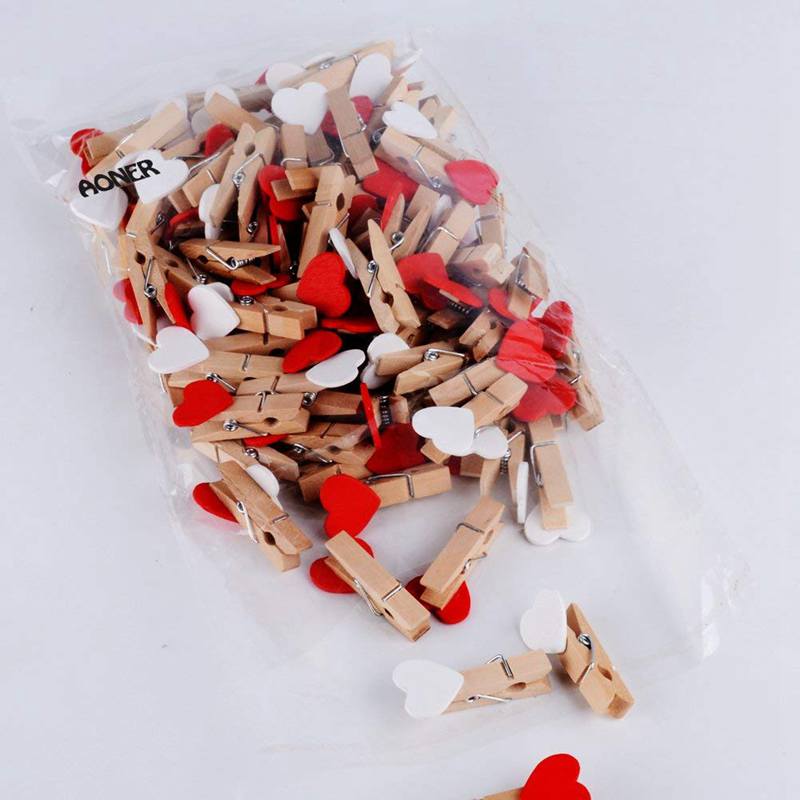 100 Stck Mini Holz Verschlüsse Herz (Weiß + verrotten) schellen Holz Dekoration Kleine Wäscheklammern Deko Schellen Holz Wäscheklammern Decorat