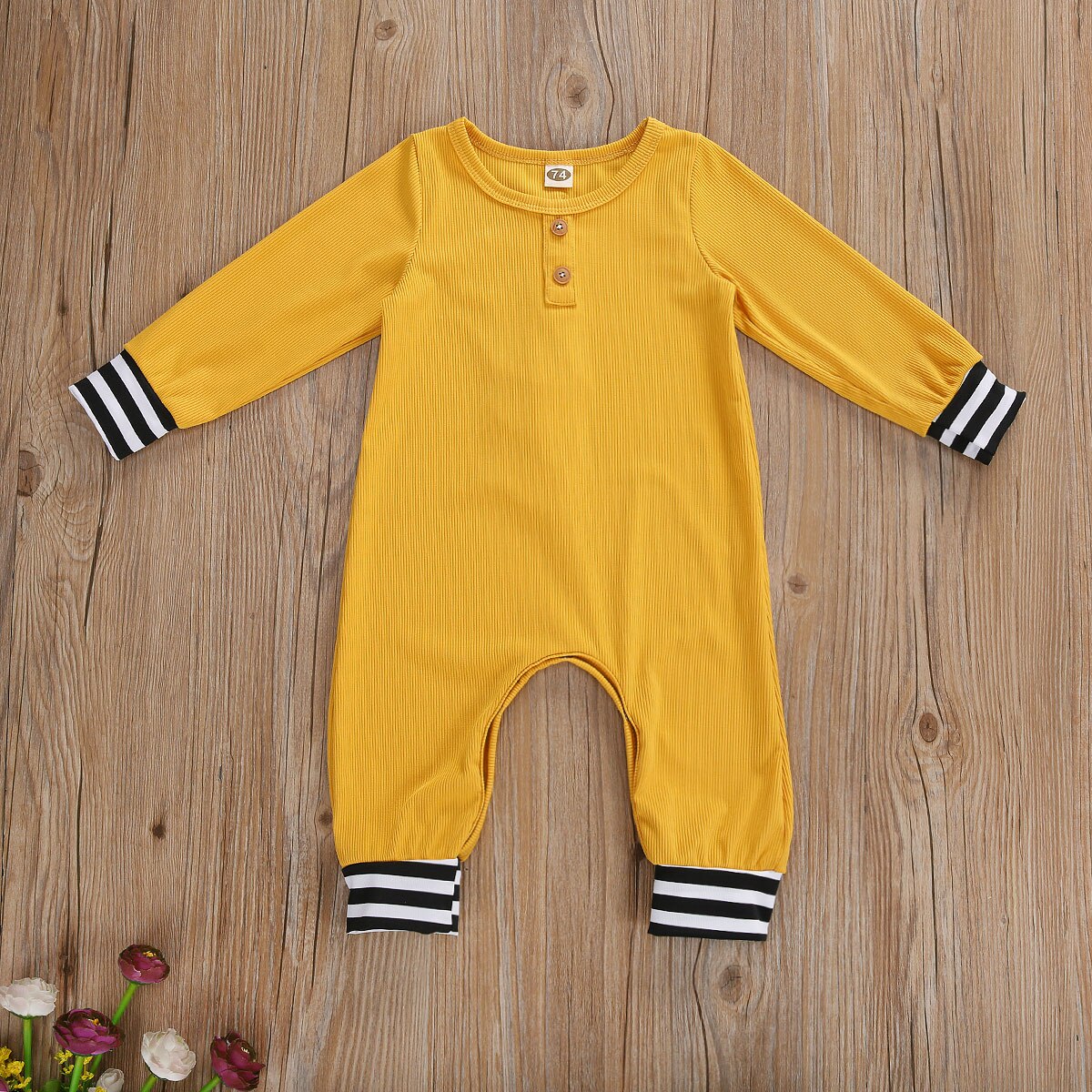 Peuter Herfst Kleding O-hals Lange Mouwen Geribbelde Jumpsuit Met Strepen Manchetten En Terug Trimmings Voor Baby Meisjes, Jongens