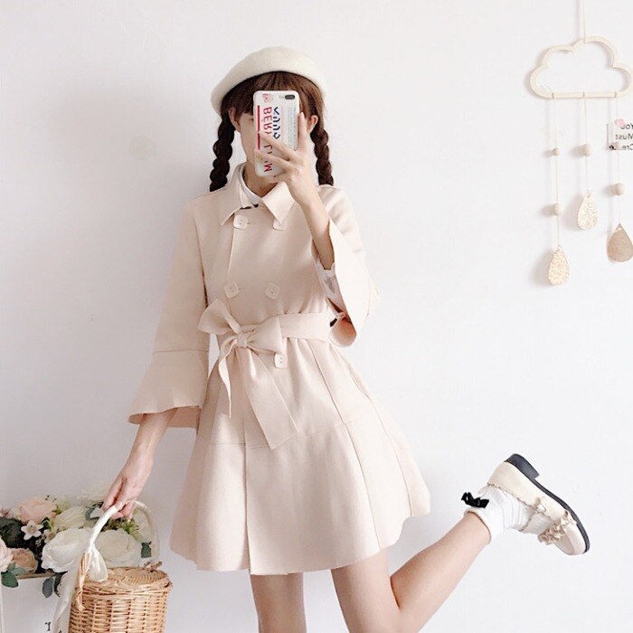 Japanese Style Mid-Length Woolen Coat for Women Autumn and Winter Student Cute Waist-Tight Woolen Coat