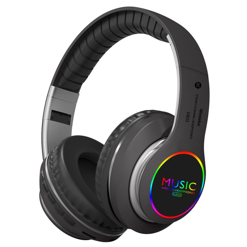 Bluetooth 5.0 Headphones - Over-Ear Wireless with LED Light & Mic - Noise Cancelling for Sport, Gaming: Gray