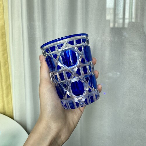 380ml European Whiskey Glass Starry Sky Cup Handmade Crystal Carved Drinkware Bar Supplies Beer Water Cup Drinking Wine Glasses: blue 380ml-1pc