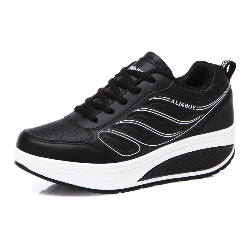 Zapatos de cuña con aumento de altura para mujer, zapatillas deportivas informales impermeables con forma plana y amortiguación para trotar, para primavera: Black / 6