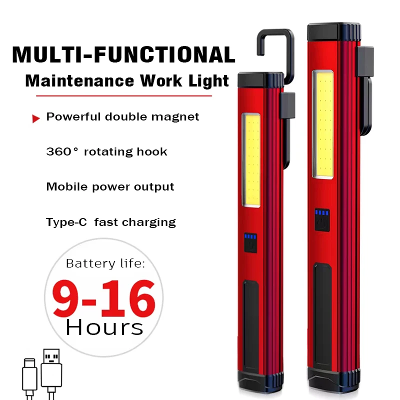 Linterna LED recargable por USB con imán y gancho, resistente al agua con luz roja, Banco de energía, trabajo de reparación, linterna de emergencia