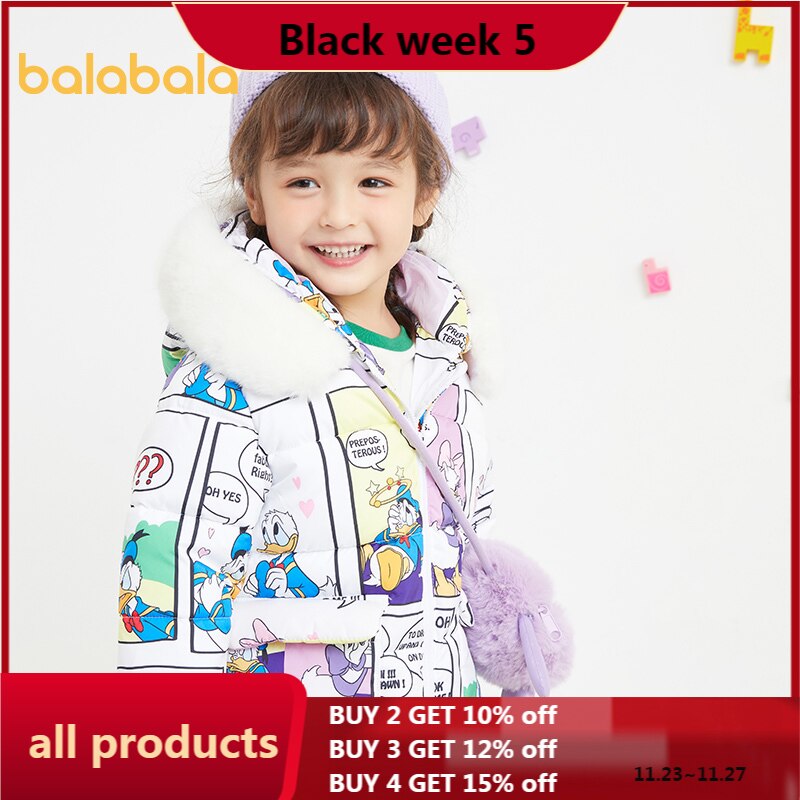 Balabala Girl cotton jacket winter children fur collar warm jacket casual hooded down jacket