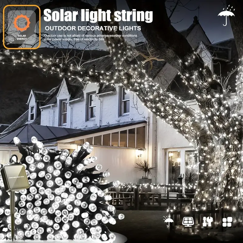 Solcelledrevne led-lyslenker for utendørs julehage terrasse balkong 8 lysmoduser vanntett flimrende effektlys: Hvit / 0-5w