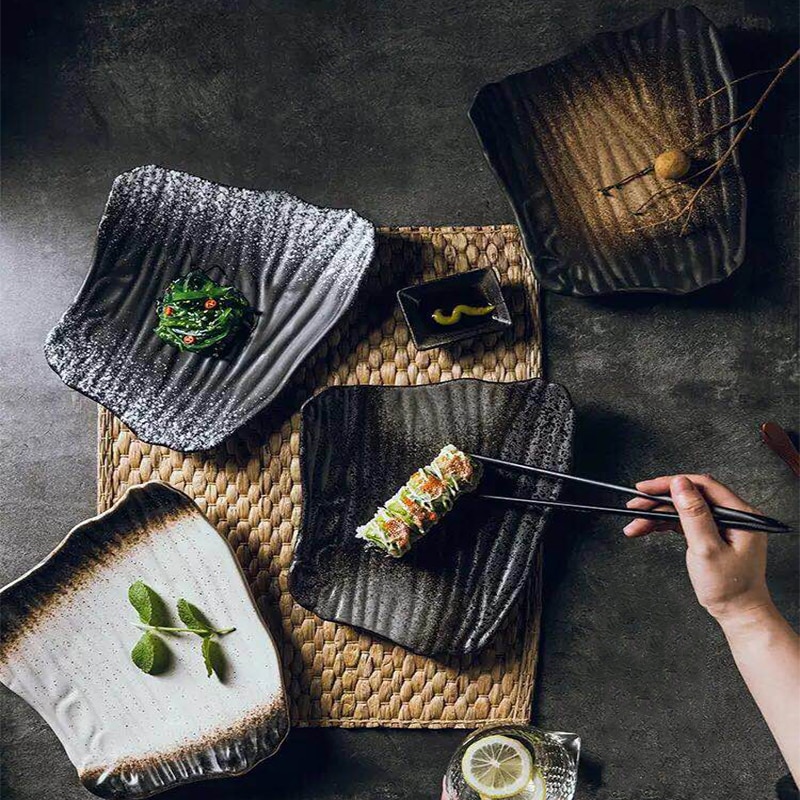 Retro Ceramic 10-Inch Plate Irregular Shape Dessert Plate Sushi Noodle Western Food Snack Plate Cake Plate Decoration Tableware