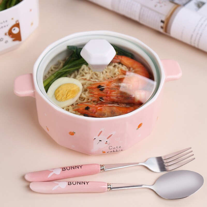 Keramiek Double-Layer Ramen Noodles Kom Anti-Brandwonden Instant Noodle Kom Leuke Bunny Met Deksel En Lepel Eetstokjes servies: E