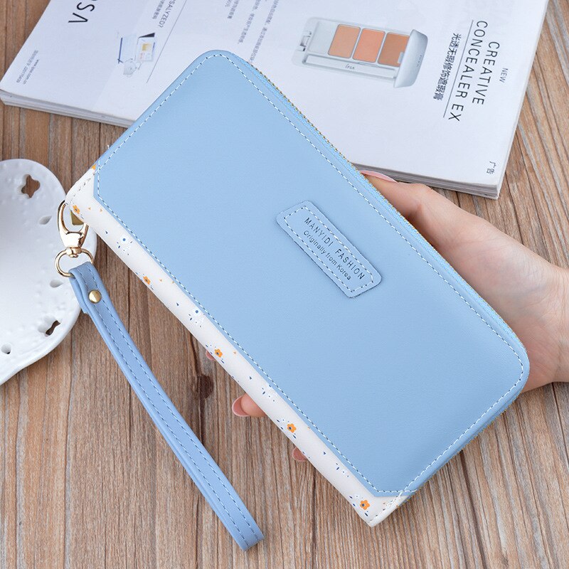 Dames portemonnee lange portemonnee rits handtas koreaanse eenvoudige contrasterende kleur portemonnee grote capaciteit zachte leren mobiele telefoon tas: Hemelsblauw