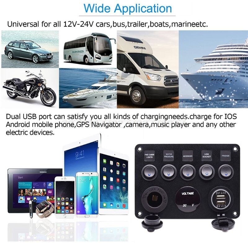 12-24V Cat-eye commutateur panneau combiné avec boîte à fusibles Protection voltmètre prise de courant double USB chargeur de voiture S18 19 directe