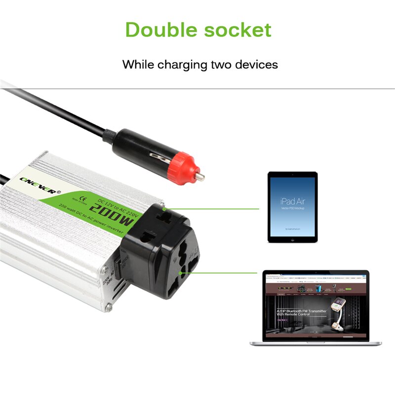 Onever 12V DC to AC 220V 50HZ Car Modified Sine Wave Inverter Converter Adapter Adaptor 200W USB Car Charger For Iphone 8 8PLus