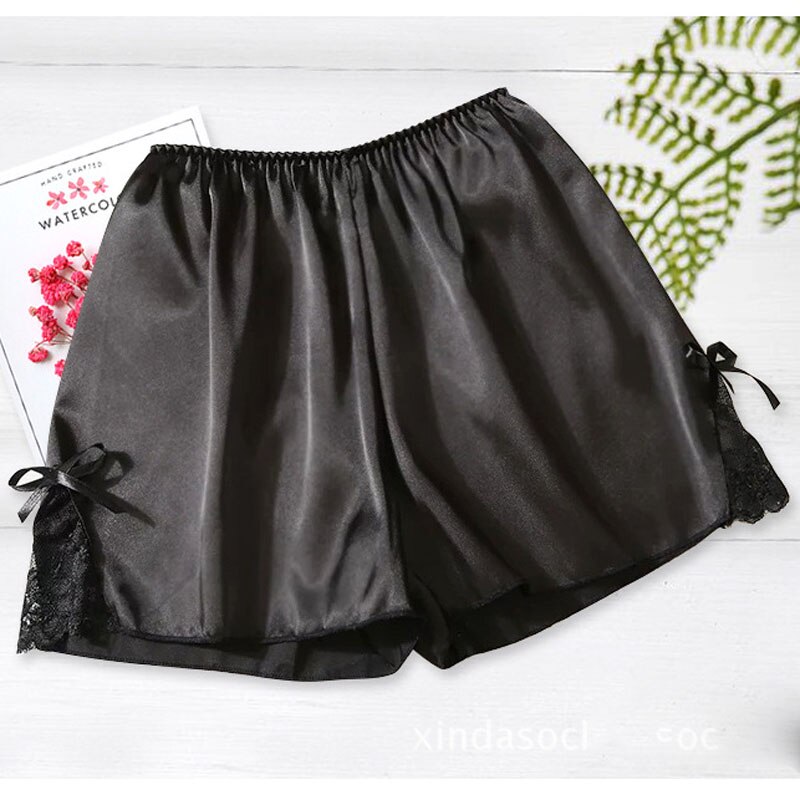 Satin Kitten Silky Elastic Waist Women Men Home Sleep Tracksuit Bottom Short Pants Pajama Nightwear Shorts: black-bowknot