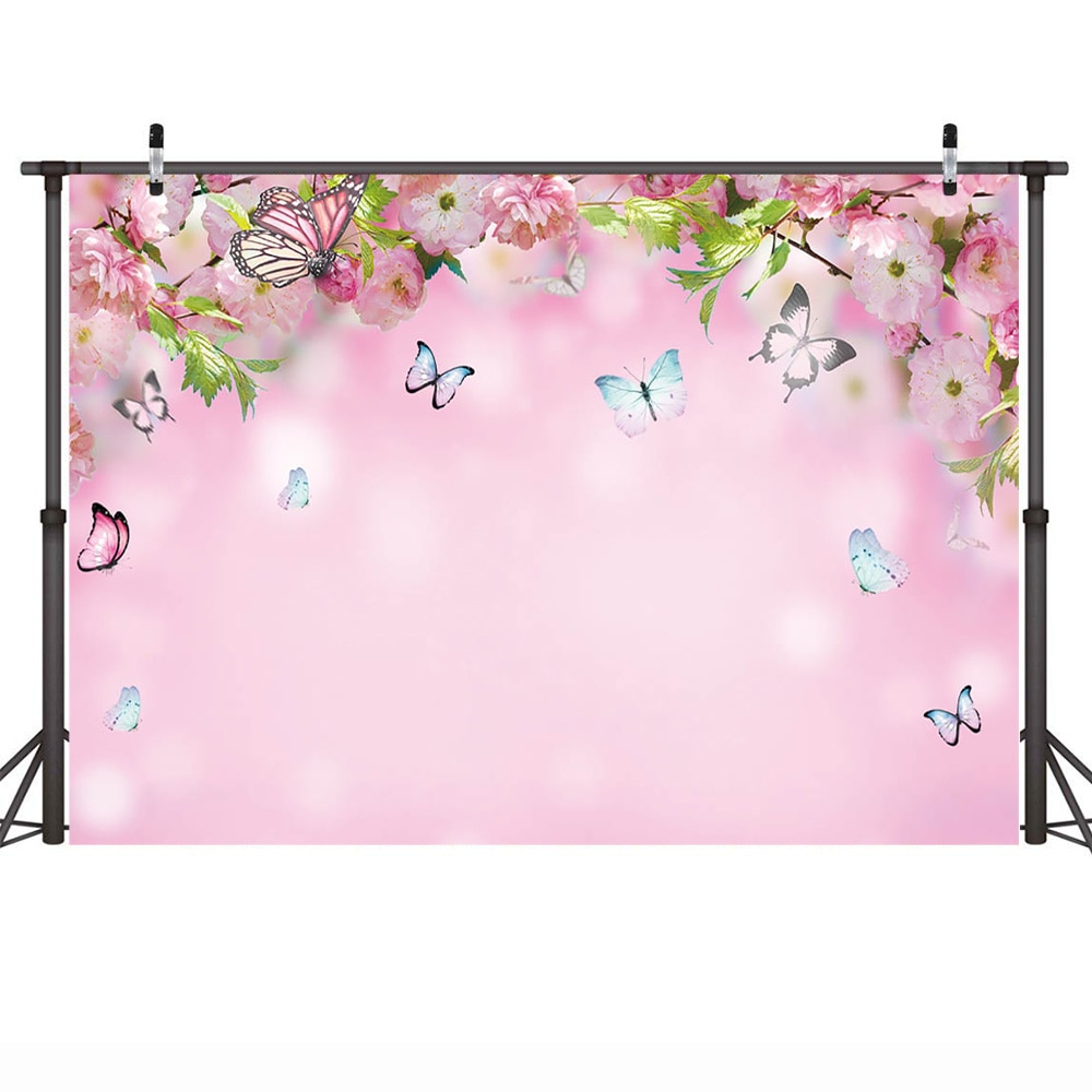 Våren rosa tema bakteppe sommerfugl fersken blomst blomster foto bakgrunn fotografering låve baby bursdagsfest bakteppe
