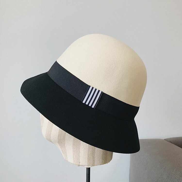 Wool Felt Black White Splicing Ladies Floppy Hats Winter Bucket Women Fedora Hat Church Derby Party Bucket Jazz Hat: style 2