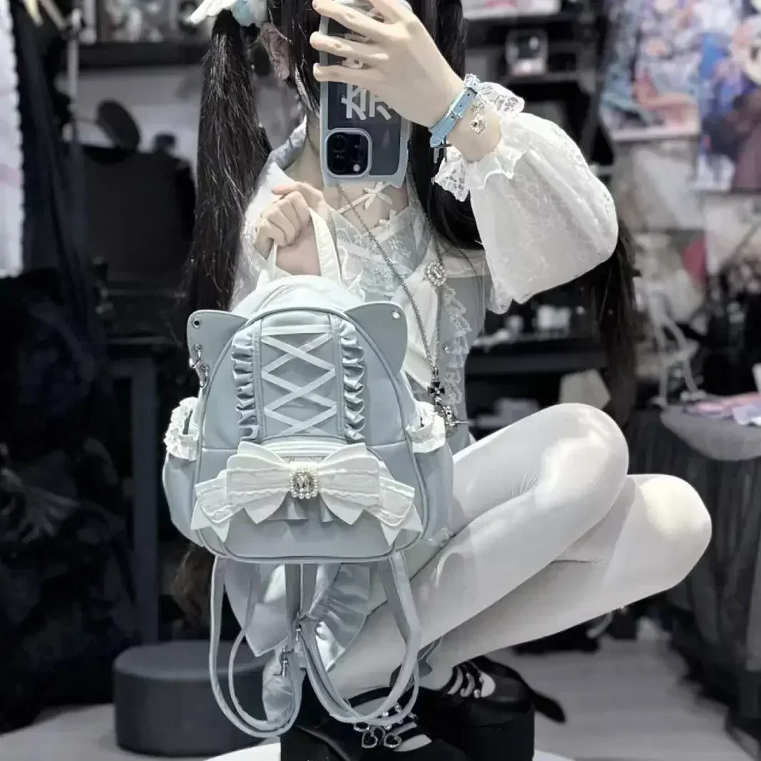 Koronkowy plecak szkolny z kocimi uszami Japonia Lolita Ita Mochila Słodki wielki Pojemność Mochilas Mujer 2025 Nowy łuk kobiety torby student plecak: Niebieski