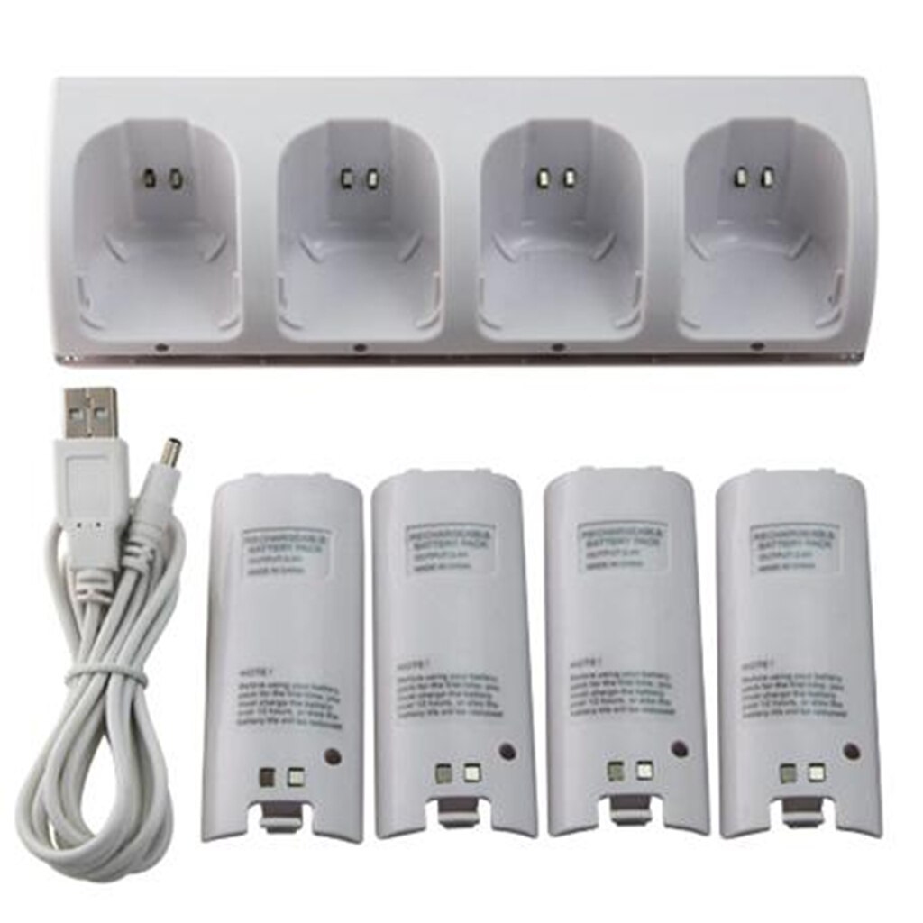 4 in 1 ladestation opladerstativ  + 4 stk 2800 mah batterier til wii controller fjernbetjening ladestation: Hvid