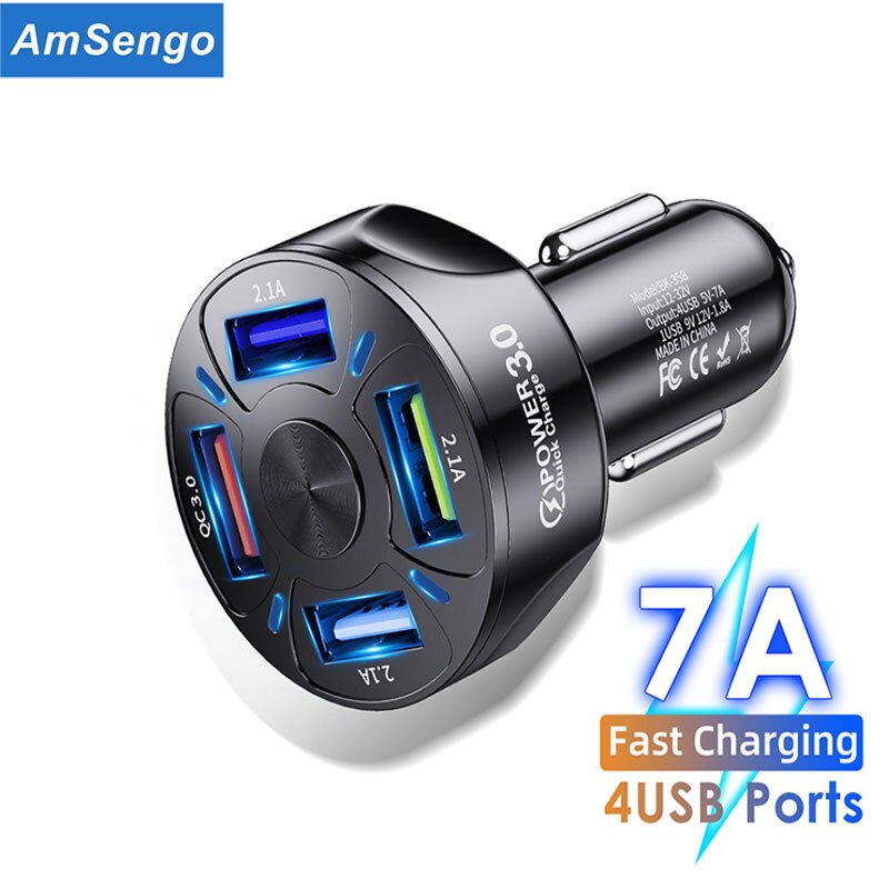 Kfz-usb-ladegerät mit 7a x 48w x 4 anschlüssen, schnellladefunktion 3.0 universelles schnellladen für iphone 12, 11 pro und samsung  a31, 4.0 -zigarettenanzünderadapter