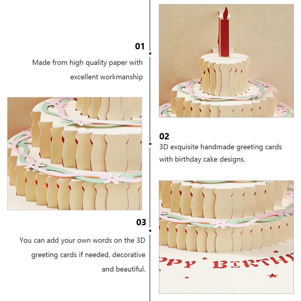 2PCS 3D Birthday Cake Greeting Cards Handmade Birthday Cake Blessing Cards (Red)