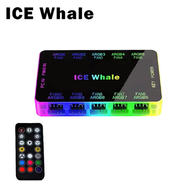 ICE Whale C10 1 to 10 PWM&ARGB Case Fan Hub Splitter 4Pin PWM 3Pin Addressable ARGB SATA Power Interface With Remote control: green