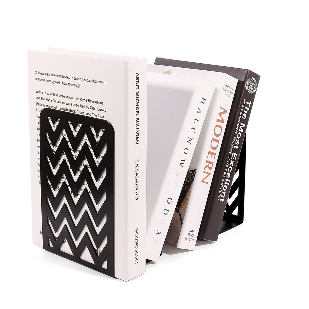2pcs Black Home Office Desktop Decor Organizer Stainless Steel Bookend Practical For Students Non Skid Wave Shape Stationery