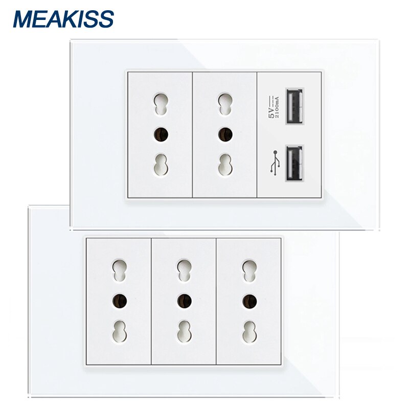Italy Chile USB socket plug 2100mA fast charging tempered glass panel home power plug 16A 110V-250V wall socket
