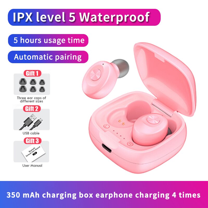 IPX5 Bluetooth Wireless Headphones 3D Stereo Sound Earbuds with Charging Box Waterproof Sport Earpiece Long Battery Life Headset: Pink