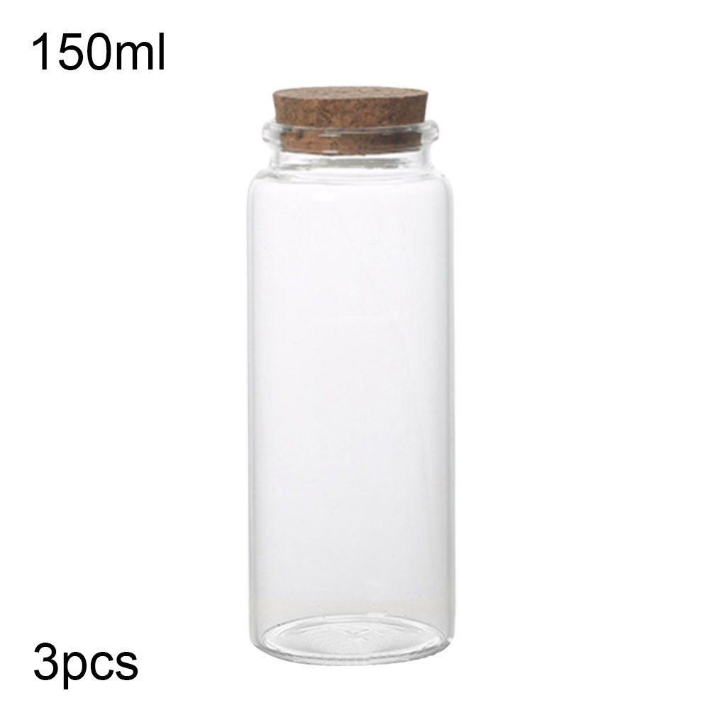 3Pcs 50/60/90/100/120/150ml Transparent Cork Stopper Glass Bottles Jar Vials: 150ml