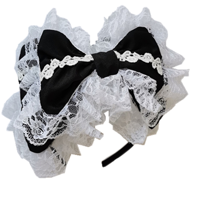 Lovely Sweet Hairband Maid Cosplay Headband Ruffled Lace Headwear Handmade Double Layer Bowknot Hair Accessory: black