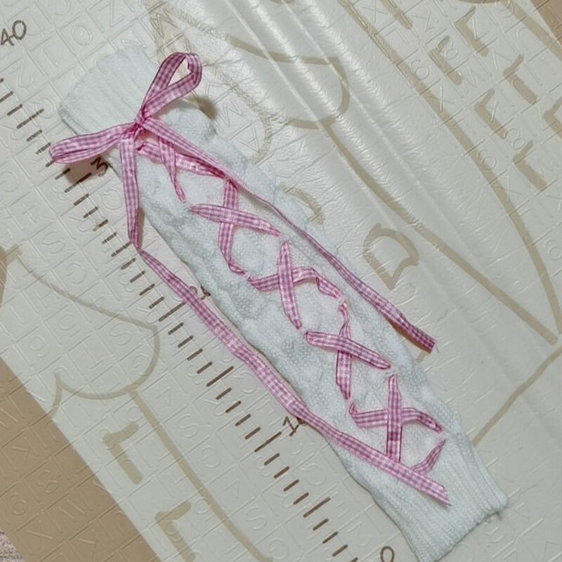 Calentador de piernas para niña, calcetín de calle Hipster a rayas con cordón, lazo Jk, para otoño e invierno,: white(pink ribbon)