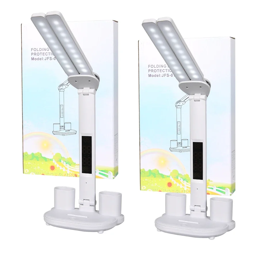 ledet-klokkebordlampe usb-ladbar dimbar skrivebordslampe 2 hoder 180 roterbar sammenleggbar øyebeskyttelse skrivebordslesenattlys: Foranderlig