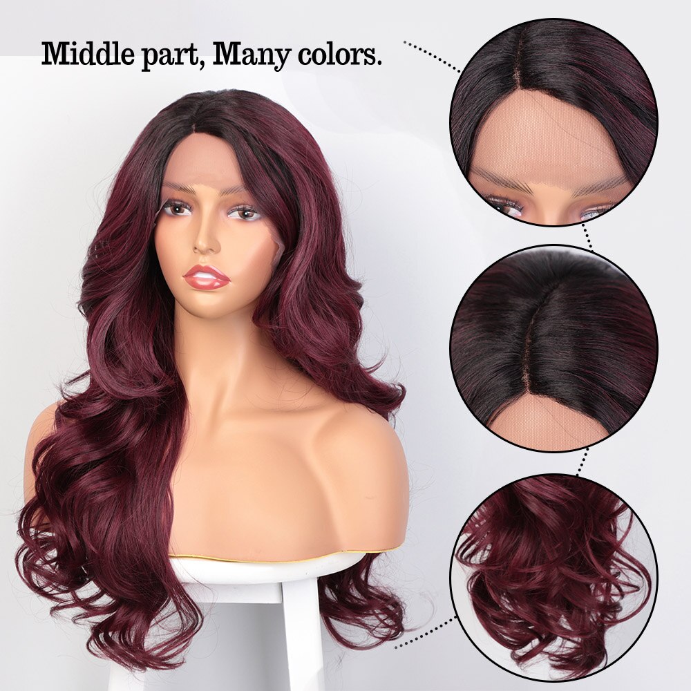 AISI królowe długie faliste koronkowe peruki dla kobiet wino czerwone czarne syntetyczne koronki przodu peruka częściowe naturalne codzienne włosy dla kobiet