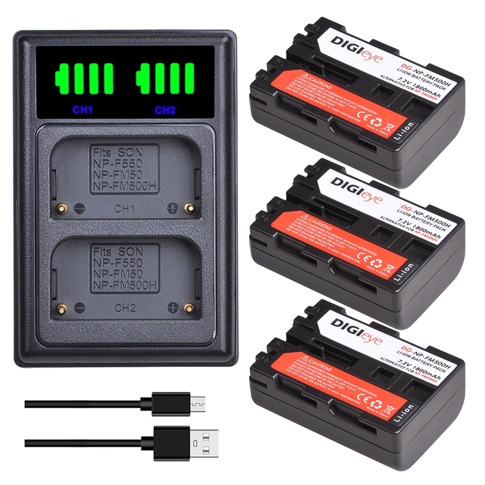 3 pièces 1800mAh NP-FM500H NP FM500H batterie + LED double chargeur pour Sony Alpha a68,a77II,SLT-A57,A58,A65,A100,A350,A450,A550,A580