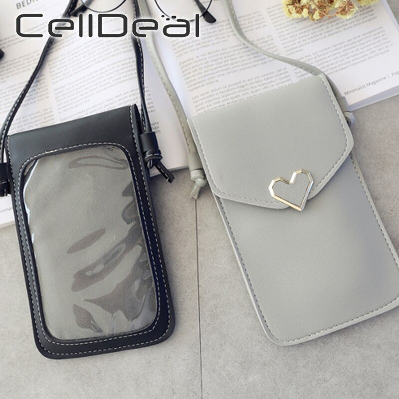 Frauen Touchscreen praktisch Geldbörse transparent Einfache Tasche Herz bilden Schnalle Brieftaschen PU Leder Schulter Licht Handtaschen