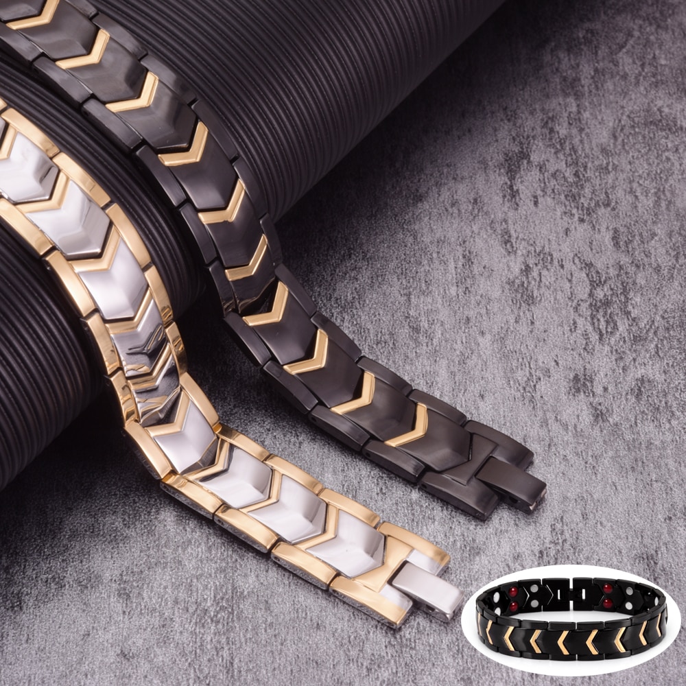 Bracelet magnétique pour hommes, en acier inoxydable noir, chaîne à main, large énergie de santé, Germanium, Bracelets pour hommes
