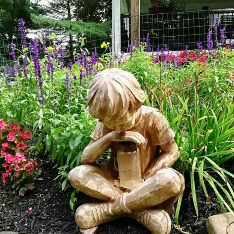 Garden Decor Resin Crafts Light Little Boy W/ Solar Lighted Fireflies In Jar Garden Carved Wood Look Resin Statue Prodigy Statue