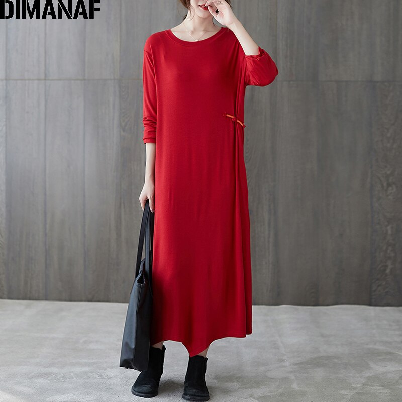 Dimanaf plus koko naisten mekko pitkähihainen perus lady vestidos kiinteä puuvilla neulottu syksy talvi mekko löysät naisten vaatteet: Yjyl 2294- hong / Xl