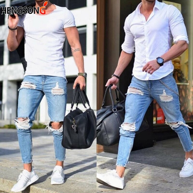 Plus Größe XXXL Neue Männer der Jeans strecken Zerstört Zerrissene Knöchel Reißverschluss Dünne Jeans Für Männer