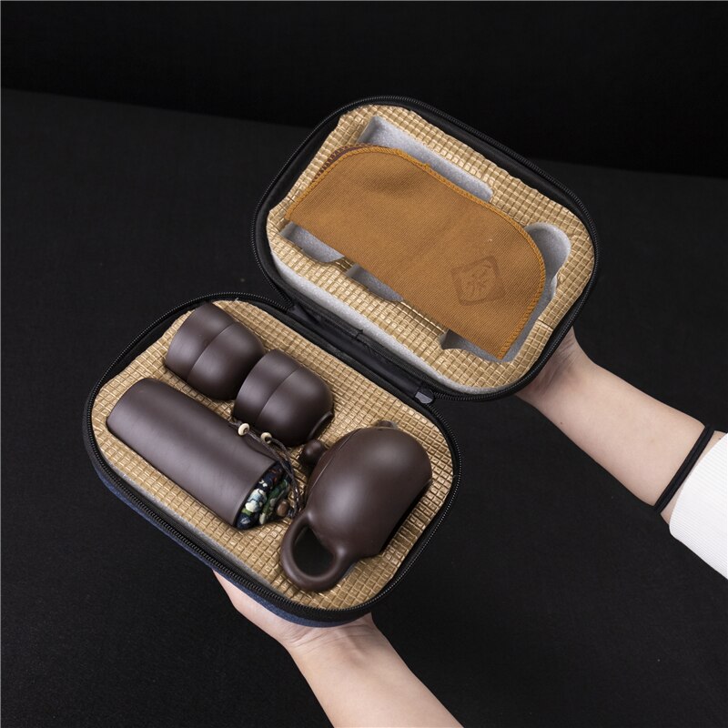 Chinese Ceramic Tea Set Travel Tea Set Portable Purple Clay Teapot Set with Tea Caddy 4 Teacups Mugs Storage Bag Teaware Set