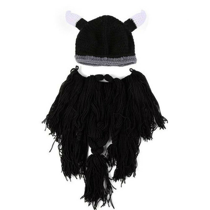 Hirigin Funny Crazy Cosplay Men Knit Viking Beard Horn Hat Ski Mask Cap Barbarian Vagabond Cool Beanie Winter Warm Unisex Hat: Black