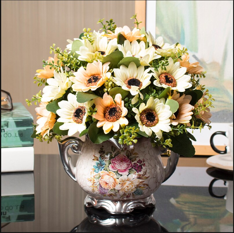 1set European artificial flower+vase living room home table wedding decor potted bonsai ornament silk flores +Ceramic vase: n1