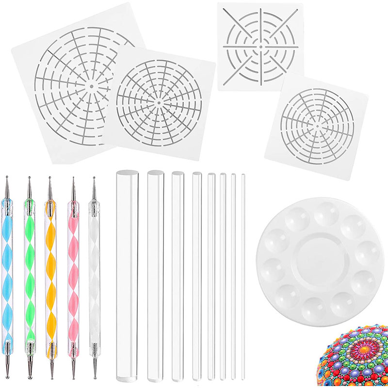 Mandala Art Dotting Tools 18 Set Including 4 Mandala Stencils, 8 Acrylic Rods, Paint Tray, 5 Double Sided Dotting Tools: Default Title