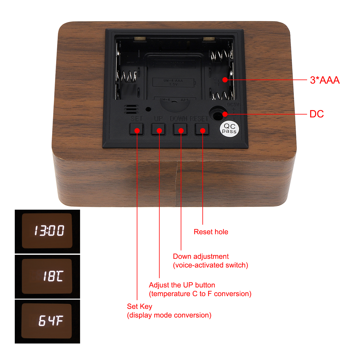 Alarm Clock LED Wooden Watch Table Voice Control Digital Wood Electronic Desktop Clock Multicolor Rectangle Table Desktop Clocks