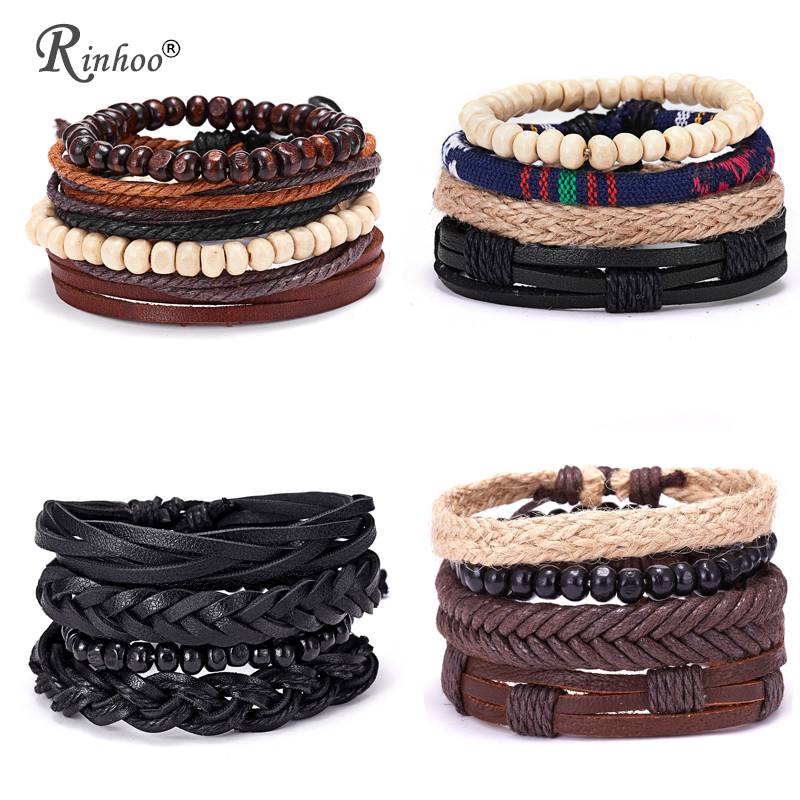 RINHOO skórzane bransoletki Vintage dla mężczyzn bohema wielowarstwowa koraliki Wrap Punk Rope biżuteria prezent na walentynki bransoletki bransoletki